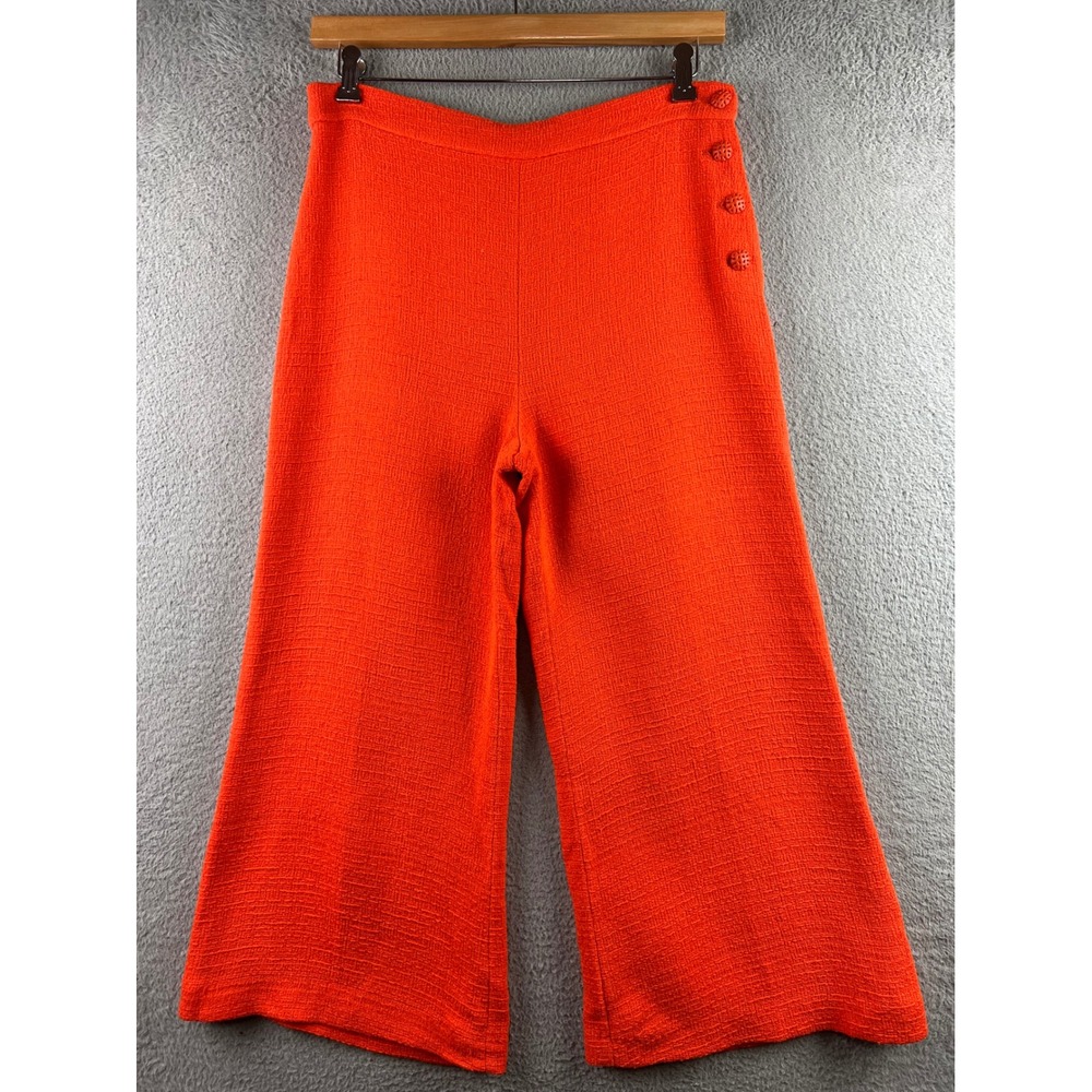 Zara Orange Boucle Knit Wide Leg Pants High Waist Side Button Trouser L